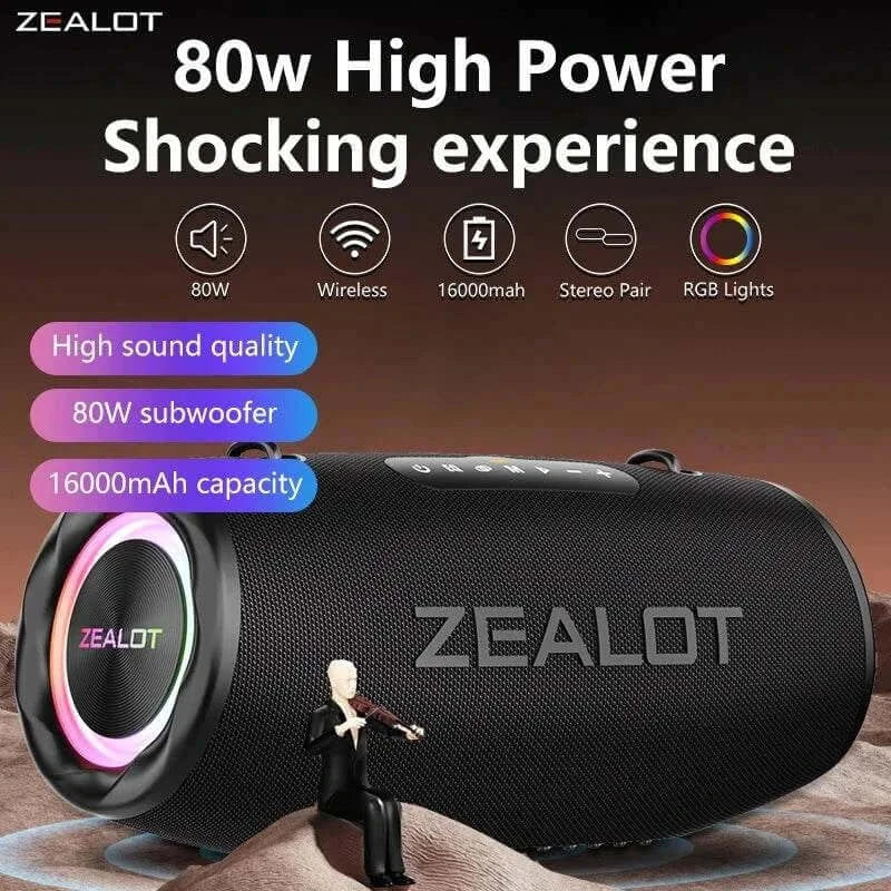 Outdoor Portable Bluetooth Speaker ZEALOT S87– 80W High Volume Subwoofer, IPX6 Waterproof
