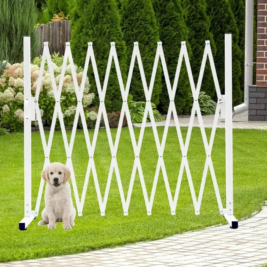 Metal Expandable Dog Gate 9 Feet for Indoor and Outdoor Use Versatile Accordion Safety Barrier with Portable Retractable Design