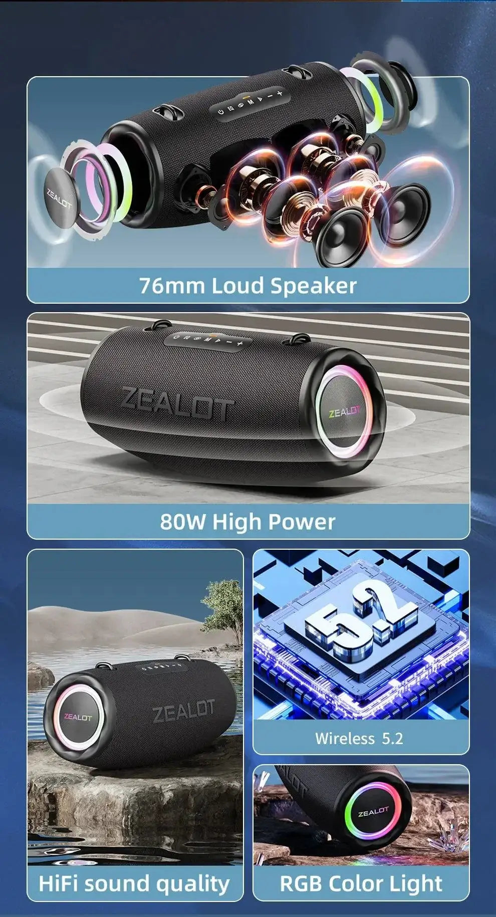 Outdoor Portable Bluetooth Speaker ZEALOT S87– 80W High Volume Subwoofer, IPX6 Waterproof