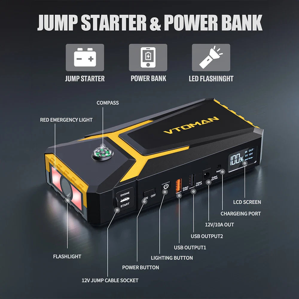VTOMAN V8 Pro 3000A Car Jump Starter Power Bank 55.5Wh Car Starting Device Fast Charging Car Battery Charger Booster