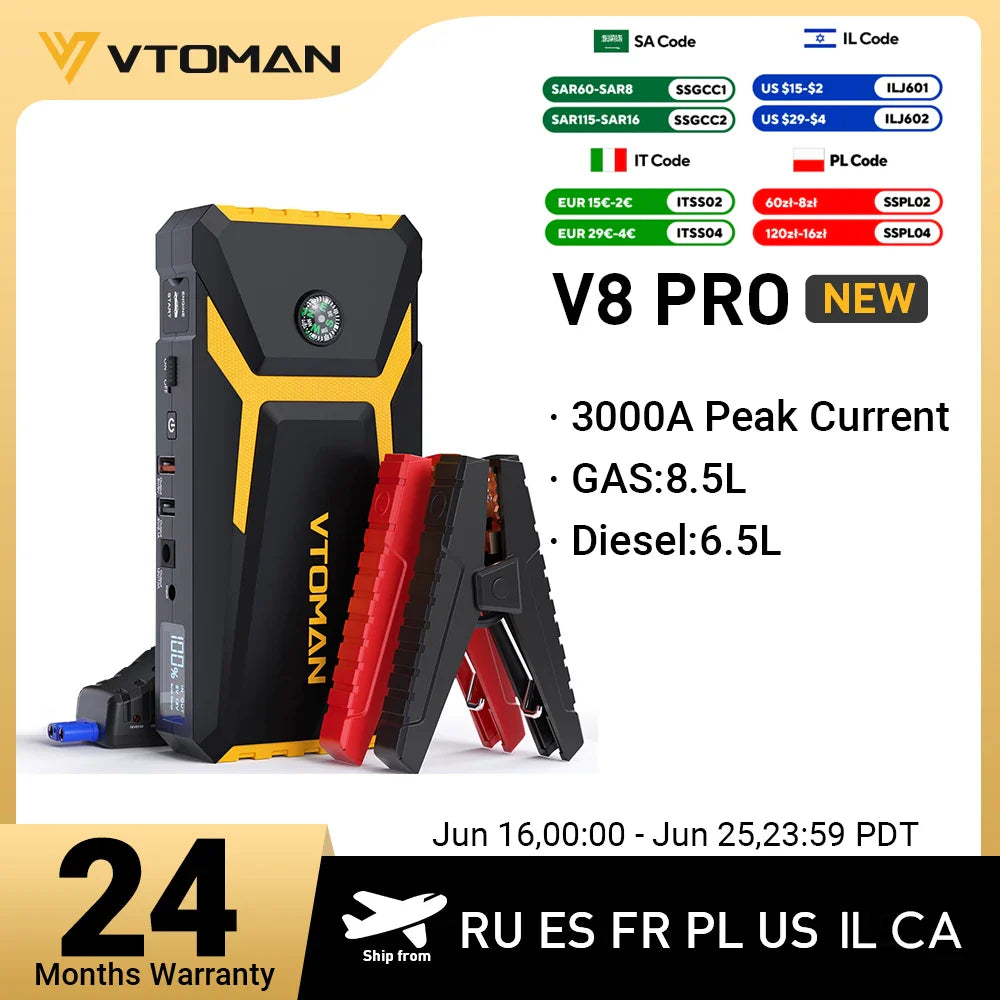 VTOMAN V8 Pro 3000A Car Jump Starter Power Bank 55.5Wh Car Starting Device Fast Charging Car Battery Charger Booster