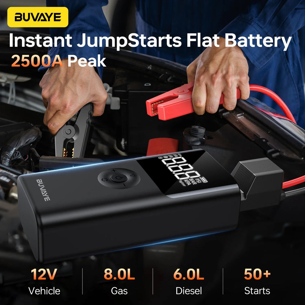 Jump Starter 2500A  Portable  BUVAYE 4-in-1 – 12V Car Battery Booster, 150PSI Air Compressor