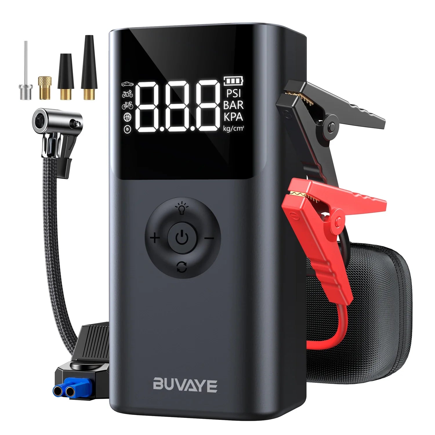 Jump Starter 2500A  Portable  BUVAYE 4-in-1 – 12V Car Battery Booster, 150PSI Air Compressor
