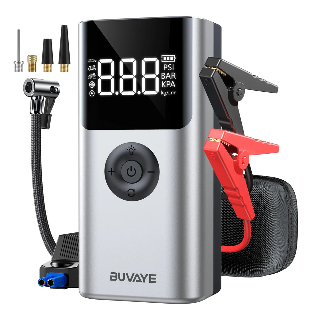 Jump Starter 2500A  Portable  BUVAYE 4-in-1 – 12V Car Battery Booster, 150PSI Air Compressor