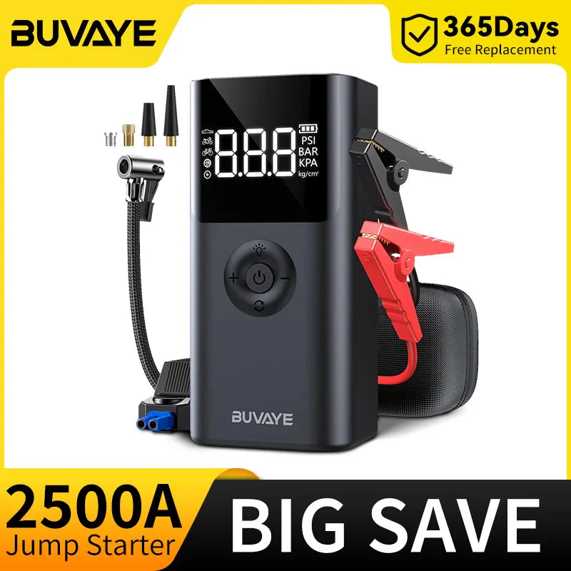 Jump Starter 2500A  Portable  BUVAYE 4-in-1 – 12V Car Battery Booster, 150PSI Air Compressor