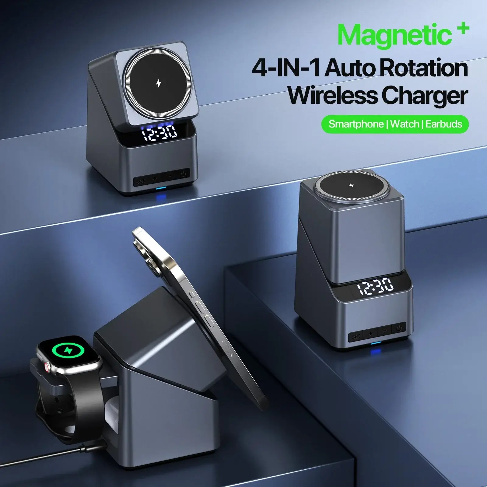 Magnetic 4-in-1 Wireless Charger Auto Rotation Fast Charging or IPhone